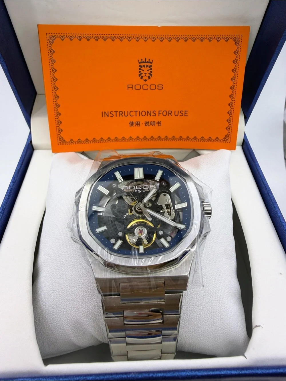 Men's Automatic Skeleton Watch in Blue and Silver